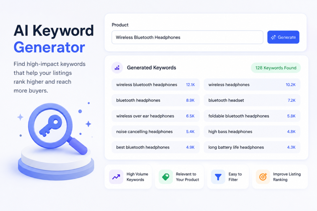 Listomize AI Keyword Generator dashboard creating relevant SEO keywords for product listings