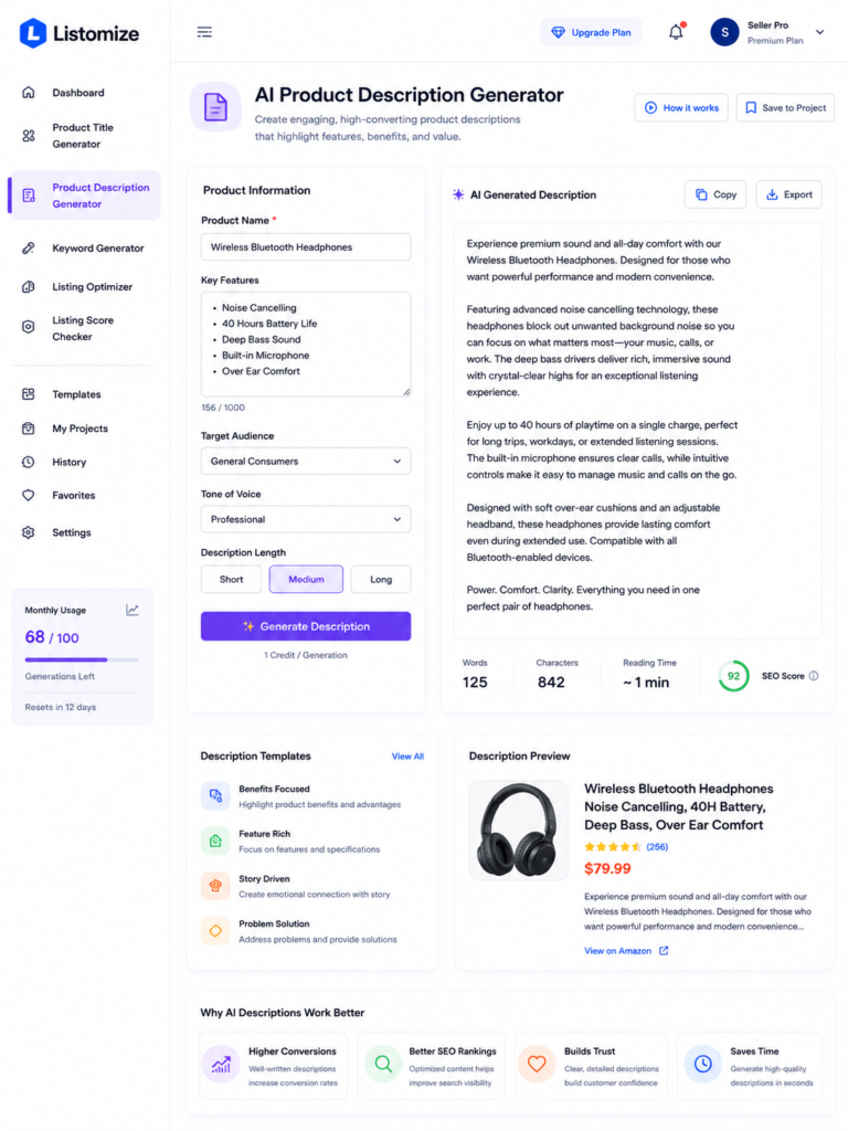 Listomize AI Product Description Generator dashboard creating SEO-optimized product descriptions