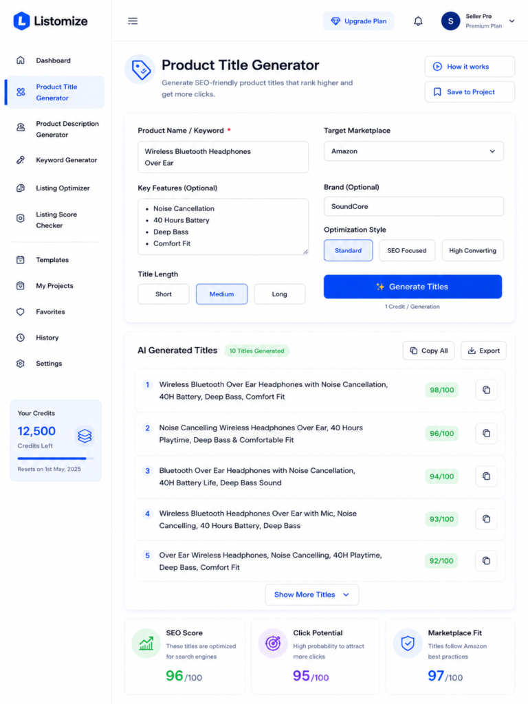 Listomize Product Title Generator dashboard for AI-powered SEO product title optimization