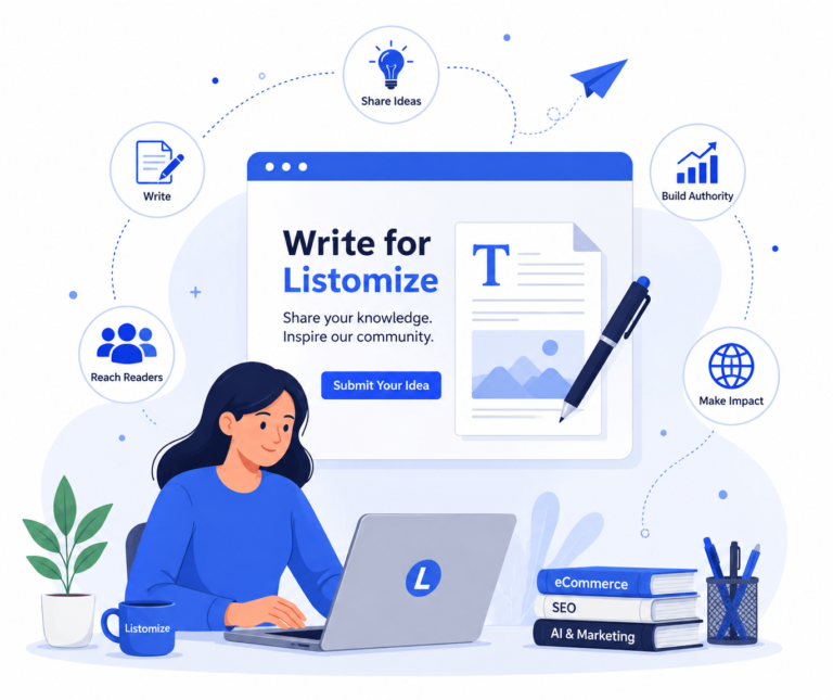 Flat vector illustration of a woman working on a laptop next to a website interface titled Write for Us Listomize, surrounded by icons for SEO, content creation, and guest blogging.