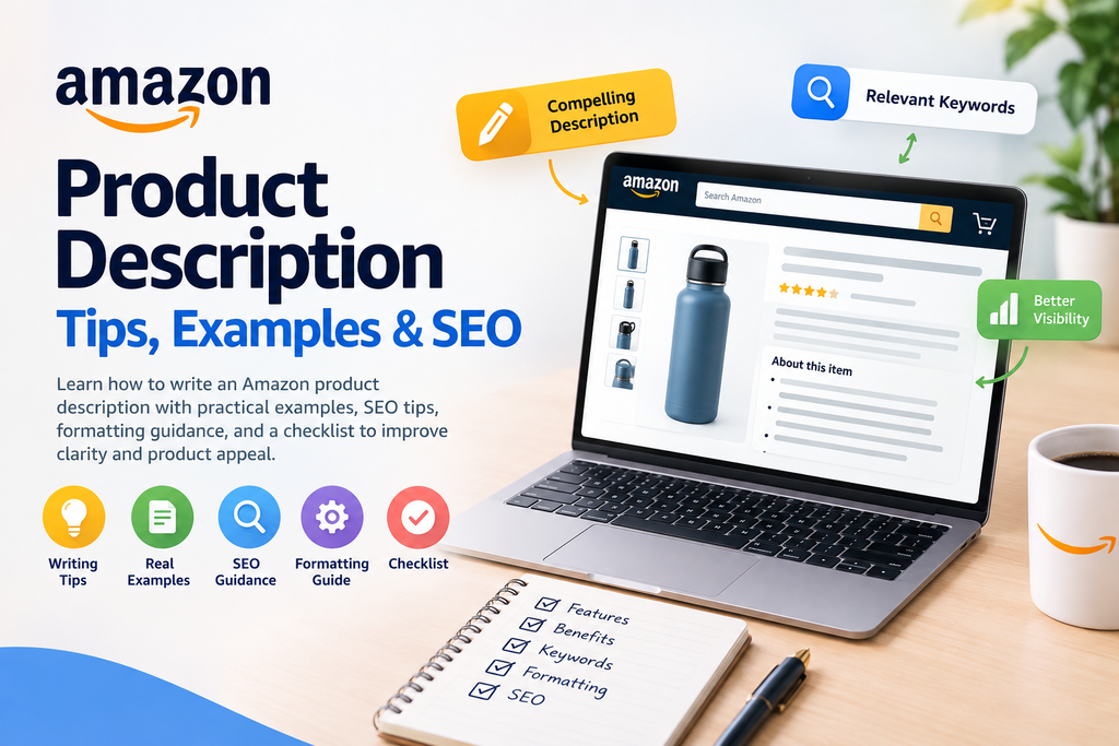 Amazon product description optimization tips and SEO examples on a laptop