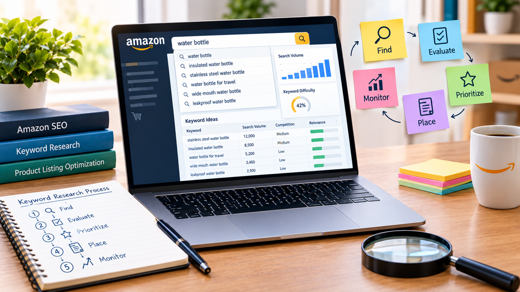 Amazon keyword research process showing keyword ideas, search volume, competition, and prioritization