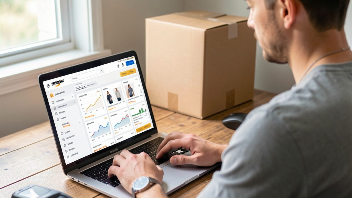 Small business owner optimizing Amazon product listing on laptop with seller dashboard and shipping boxes